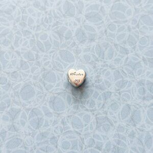 Authentic Pandora “Sister” Silver Heart Charm w/ Pink CZ